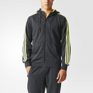 adidas Men's Dark Gray Zip Hoodie with Neon Yellow Stripes